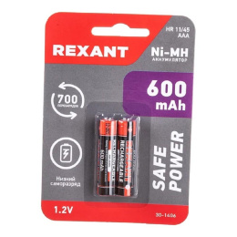 Rexant 30-1406 Аккумулятор Ni-MH AAA/HR03, 1,2В, 600мАч, 2 шт, блистер