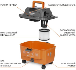 Строительный пылесос Daewoo DAVC 1621Li SET 200Вт уборка: сухая/сбор воды/выдув оранжевый