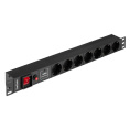 Блок розеток с сетевым фильтром (Surge Protect), защитой от перегрузки и разъемом подключения C14 ExeGate ServerPro PDU-19H702 Al-7S-C14-SW-O-SPD1 (19", 1U, Алюминий, 7*EU/Тип F(Schuko), IEC 320 C14, защита от перегрузки, SPD1, черный, RTL) EX299607RUS