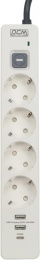 Сетевой фильтр-удлинитель/ PowerCom SP-01 USB2A1CW 3.0M, 4 розетки, белый, 16А, 4кВт, 380Дж, защитные шторки, защита от КЗ, перегрузки, ВЧ и импульсных помех, один порт USB-C PD20W и два USB-A QC3.0 суммарной мощностью 24Вт, кабель 3x1.5 мм2, ШхГхВ 281х