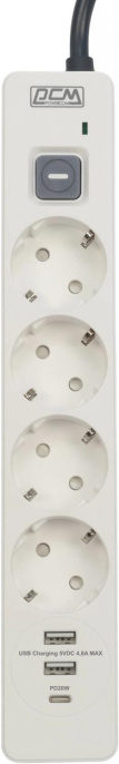 Сетевой фильтр-удлинитель/ PowerCom SP-01 USB2A1CW 3.0M, 4 розетки, белый, 16А, 4кВт, 380Дж, защитные шторки, защита от КЗ, перегрузки, ВЧ и импульсных помех, один порт USB-C PD20W и два USB-A QC3.0 суммарной мощностью 24Вт, кабель 3x1.5 мм2, ШхГхВ 281х