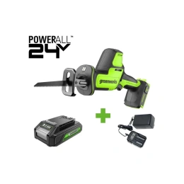 Пила сабельная GreenWorks GPT-CRS-25, 24V, б/щет, 0-3000/мин, рез 80мм по дереву, LED, 1x2Ач, ЗУ, коробка 1200507VUA