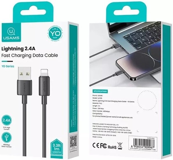 Кабель Usams SJ709 Lightning 2.4A Fast Charging Data Cable - YD Series 1m Черный (SJ709USB01)