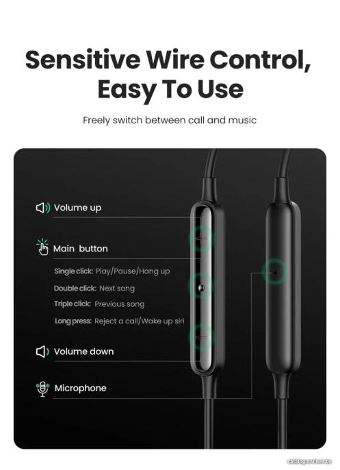 Наушники UGREEN EP103-30631; проводные, Lightning, MFI Certified, Номинальная мощность: 5 мВт; Длина кабеля: 1,2 м; Чувствительность: 104+3дБ; Диаметр динамика: 10 мм; Сопротивление динамика: 32Q; Частотный (30631_)