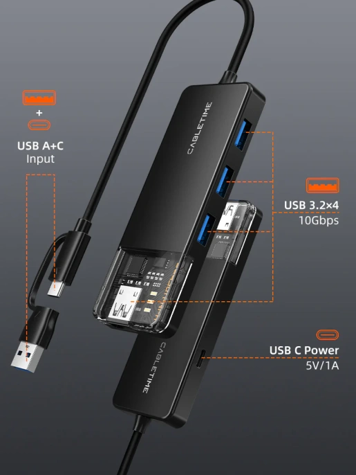 Концентратор CABLETIME CB05B (CT-HUBT5-PB) 4 порта USB-A/C, 10 Гбит/с, 0.2 м, USB-хаб для ноутбука