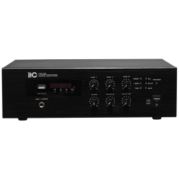 Мини-усилитель ITC T-B120, USB, SD-карта, FM-приёмник, Bluetooth; выходная мощность: 120 Вт; выход: 70 В / 100 В; частотный диапазон: 80 Гц…16 кГц; входы: 1 х микрофонный TRS 6,3 мм, 2 х линейный RCA