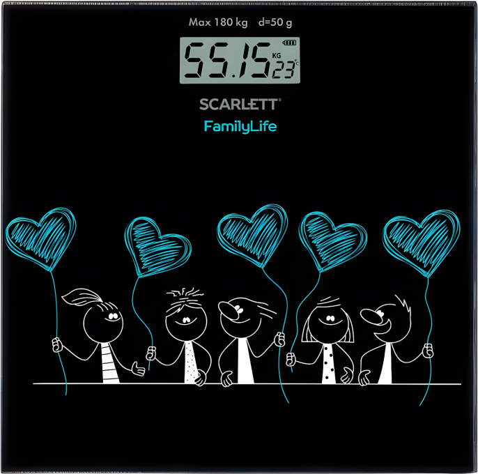 Весы Scarlett SC-BS33E019 электронные, материал платформы: стекло, максимальная нагрузка: 180 кг, LCD дисплей, единицы измерения: килограммы, фунты, стоуны, индикация температуры помещения, индикация уровня заряда батареи