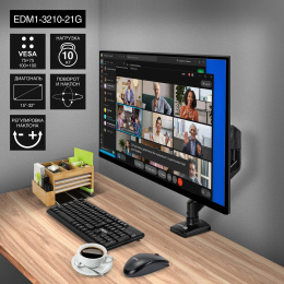 Кронштейн для монитора 13"-32" настольный ExeGate EDM1-3210-21G EX297361RUS (алюминий, газовая пружина, VESA 75x75, 100x100, макс.нагрузка 10 кг, наклон -45°/+90°, поворот -90°/+90°, вращение 360°, 2 способа крепления: сквозное и струбцина, цвет черный)