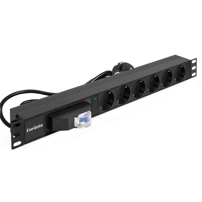 Блок розеток с автоматом защиты ExeGate ServerPro PDU-19H610 Al-6S-EU2.5CU-1P (19", 1U, Алюминий, 6*EU/Тип F(Schuko), Евровилка EU/Тип F(Schuko) VDE-250V-16A-3*1.5mm2, медь, 2.5 метра, защита от перегрузки, черный, RTL) EX280835RUS