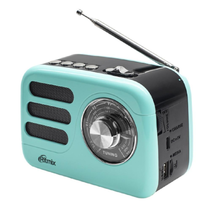 Радиоприемник Ritmix RPR-033 лазурный стационарный, AM/FM, звук 5 Вт,100 — 18 000 Гц,Емкость аккумулятора- 1 200 мА·ч