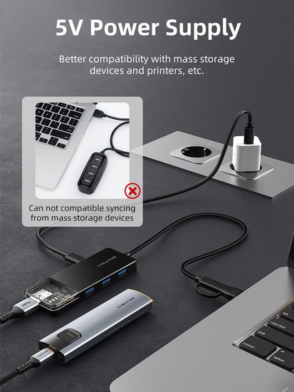 Концентратор CABLETIME CB03B (CT-HUBT3-PB) 4 порта, 5Gbps, 0.15 м, с адаптером USB-C, USB-хаб для ноутбука и ПК