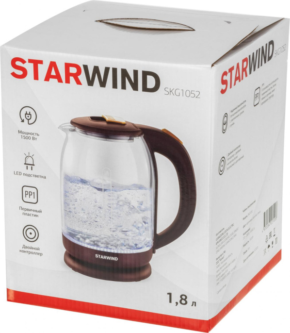 Чайник электрический Starwind SKG1052 1.8л. 1500Вт темно-коричневый/бронзовый корпус: стекло