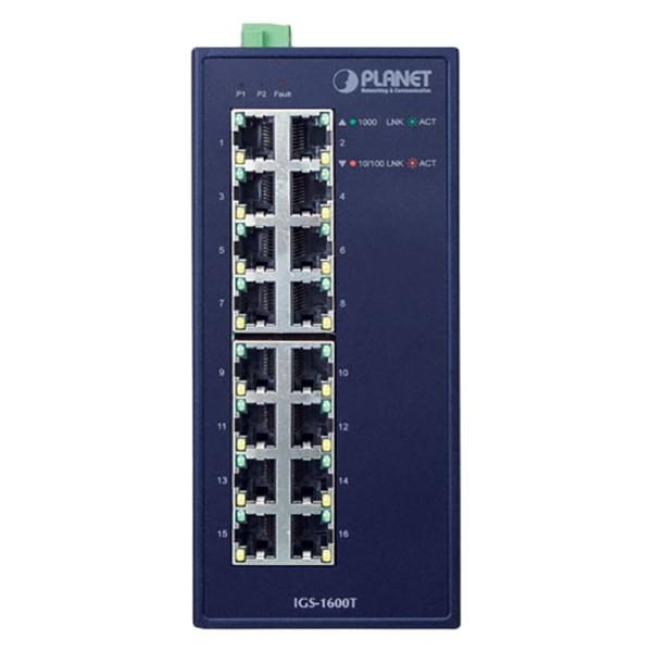 Коммутатор PLANET IGS-1600T IP30 Industrial 16-Port 10/100/1000T Gigabit Ethernet Switch -40~75 degrees C, dual 12~48V DC/24V AC ,UL certified