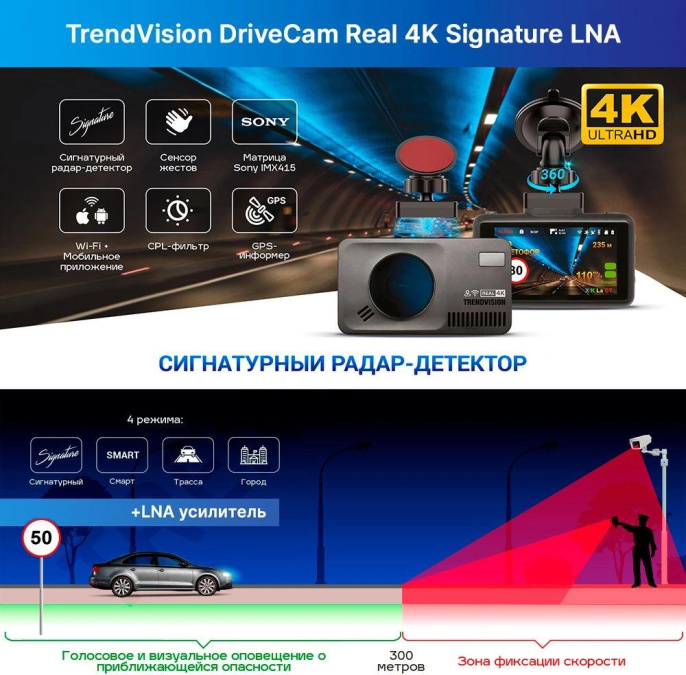 Видеорегистратор с радар-детектором TrendVision DriveCam Real 4K Signature LNA, GPS, ГЛОНАСС