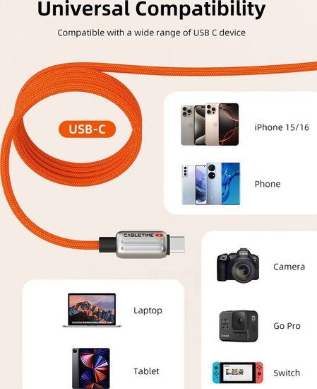 Магнитный кабель USB-C CABLETIME CU08H (CT-CM240-MZB1) 1 м, 480 Мбит/с, 5А/48В, 240Вт, PD 3.1, черный, для быстрого заряда смартфонов и ноутбуков