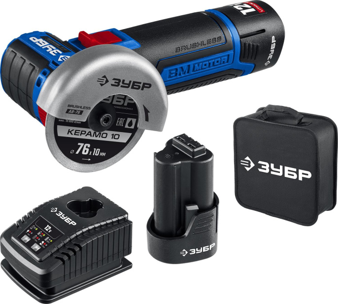 Угловая шлифмашина Зубр AB-76-22,  аккумуляторная, с 2 АКБ