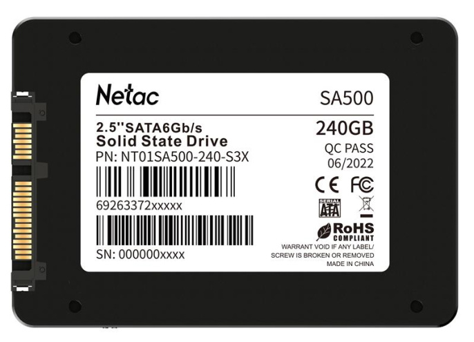 SSD накопитель Netac SSD SA500 240GB 2.5 SATAIII 3D NAND, R/W up to 520/450MB/s, TBW 120TB, 3y wty NT01SA500-240-S3X