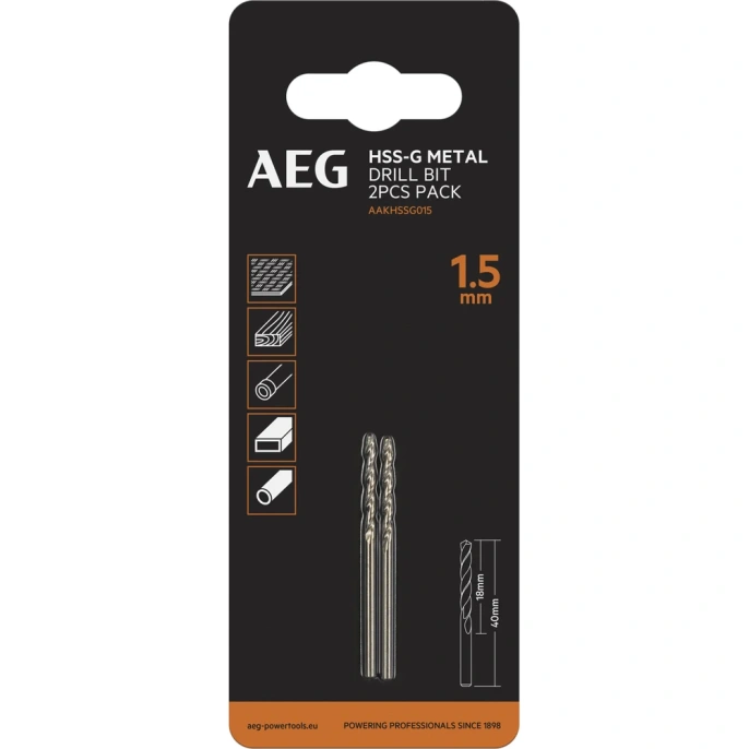 Сверло по металлу HSS-G (2 шт; 1.5х18х40 мм) AEG AAKHSSG015 4932479303