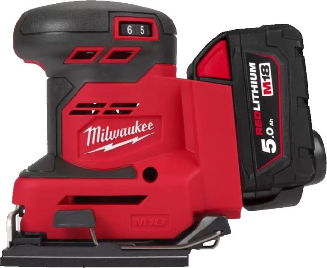 Ленточная шлифмашина Milwaukee M18BQSS-502B 4933479967 питание: Li-ion 18 В , скорость без нагрузки 11 000–13 000 об/мин, диаметр колебания 1.6 мм, пылесборник, дырокол, запасная гладкая основа