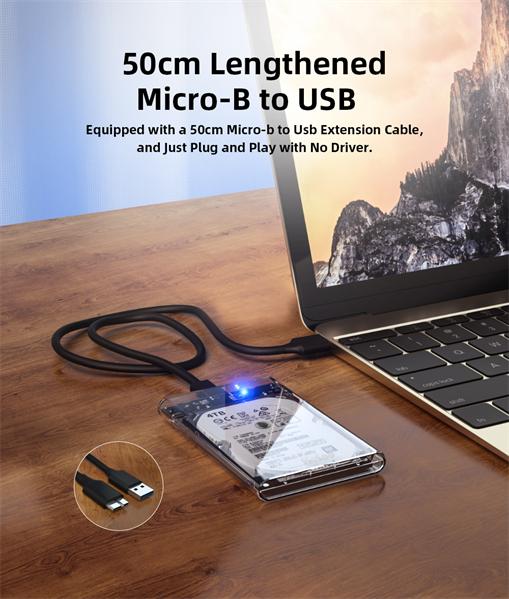 Внешний корпус для диска HDD/SSD Netac WH11 2.5 SATA to USB3.0 External HDD/SSD Case, Slide Transparent Cover, with USB3.0 A to B cable NT07WH11-30B0