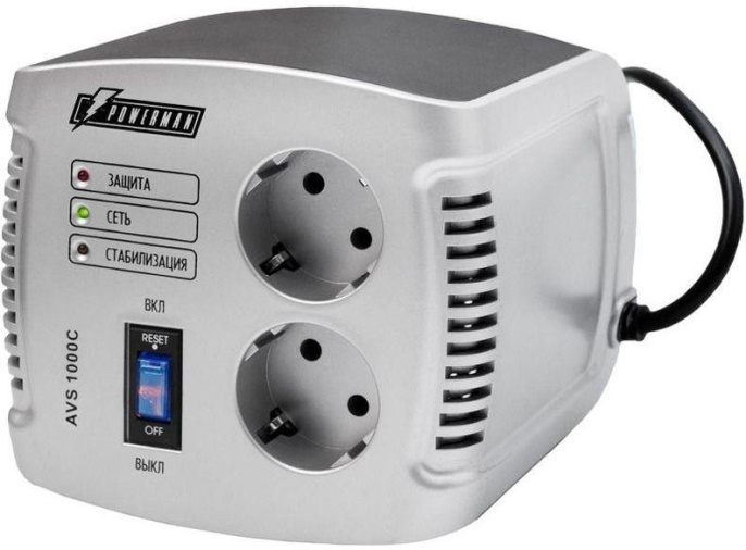 Стабилизатор напряжения Powerman AVS-1000C 1000ВА/500Вт, LED, 2 Schuko, точность 10%, настольный/настенный 6090626 