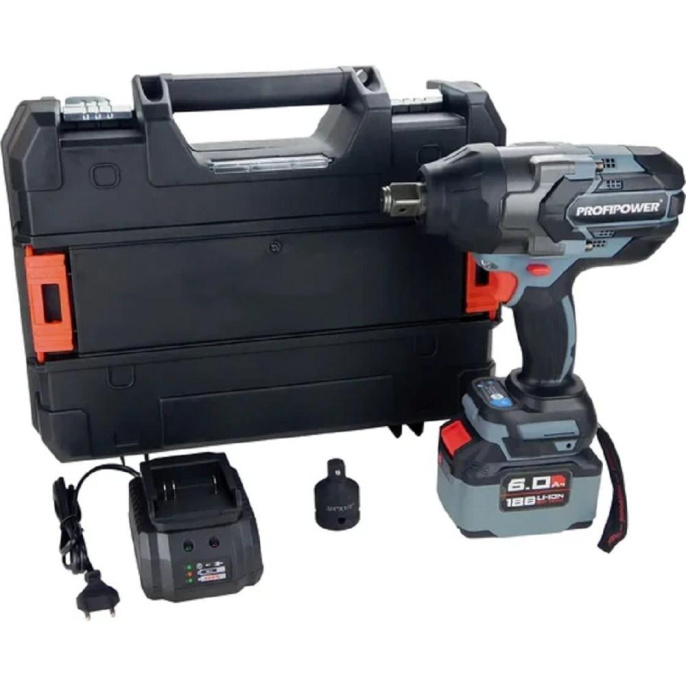 Аккумуляторный бесщеточный ударный гайковерт PROFIPOWER T-1200N 20В,Li-ion-1шт, 6.0Ач, 1200Нм, переходник 3/4"-1/2", З/У, в кейсе [E0244]