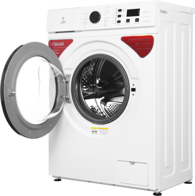 Стиральная машина узкая LEX LWM06010BLIDsmall, с фронтальной загрузкой, 6кг, 1000об/мин, с паром, инверторная