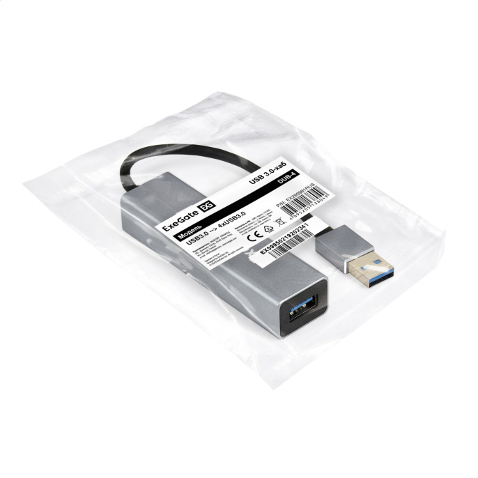 USB-Хаб (концентратор) 4-в-1 ExeGate DUB-4 (кабель-адаптер USB3.0 --> 4xUSB3.0, Plug&Play, корпус алюминиевый, серебристый) EX293981RUS