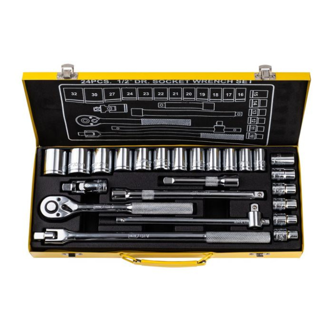 Набор торцевых головок и ключей 24 предмета Deli DL2024T 1/2", материал 50BV30, комплектация: торцевые головки 10,11,12,13,14,15,16,17,18,19,20,21,22,23,24,27,30,32мм , 5 удлинительных/соединительных стержней, трещотка 45 зубьев, металлический кейс