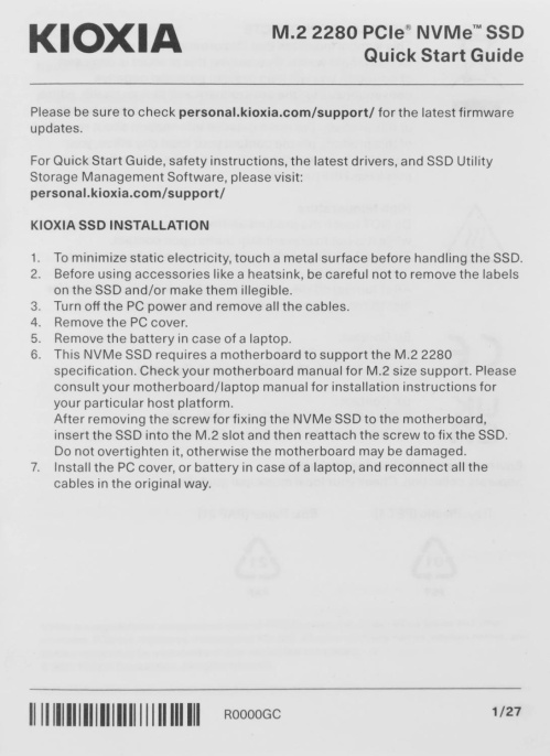 Накопитель SSD 500GB Toshiba Kioxia Exceria G2 M.2 2280, PCI-E 3x4, NVMe [R/W - 2100/1700 MB/s] BiCS FLASH TLC LRC20Z500GG8