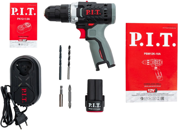 Дрель P.I.T. PBM12K-10A/1 (аккумуляторная, 12В, 22Нм, 10 мм, 2ск, 0-350/1350, 1х2.0Ач, ЗУ, коробка)