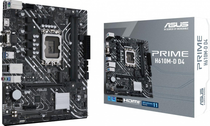 Материнская плата ASUS PRIME H610M-D D4 (mATX, 23.4 cm x 20.3 cm, Intel H610, 2xDDR4 DIMM, 3200МГц, до 64 Гб, звук 7.1, 4xSATA (6Gb/s), 1xM.2, 1xPCIe4.0x16, 1xPCIe3.0x1)