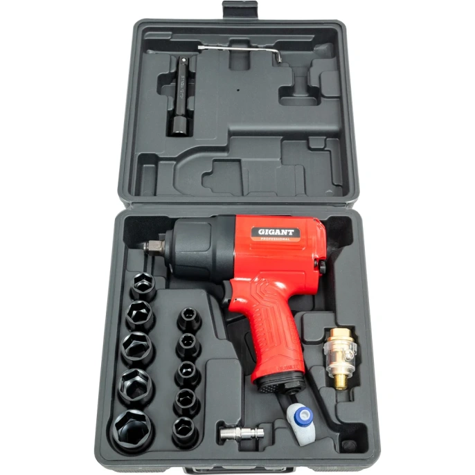 Ударный пневмогайковерт (880 Нм; 1/2"; кейс) Gigant Professional PW 880RKS + набор головок