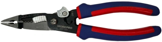 Стриппер WorkPro WP291011 (универсальный, для зачистки проводов, материал: кованый CR-V, ручка: двухцветный TPR, емкость для зачистки - AWG 10 12 14, назначение: зажим, крепление гаек, зачистка, резка, обжим)