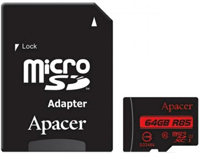Карта памяти Apacer 64GB AP64GMCSX10U5-R + Adapter класс 10, чтение: 85 МБ/с, адаптер