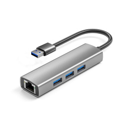 ORIENT JK-340N, разветвитель-сетевая карта USB 3.2 Gen1 5 Гбит/c , порты: 3xUSB-A + RJ45 Gigabit Ethernet, RTL8153, 100/1000 Мбит/с, кабель USB Type-A, алюминиевый корпус, серебристый 33308