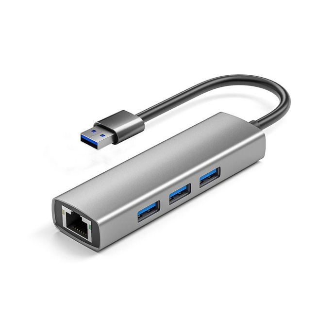 ORIENT JK-340N, разветвитель-сетевая карта USB 3.2 Gen1 5 Гбит/c , порты: 3xUSB-A + RJ45 Gigabit Ethernet, RTL8153, 100/1000 Мбит/с, кабель USB Type-A, алюминиевый корпус, серебристый 33308
