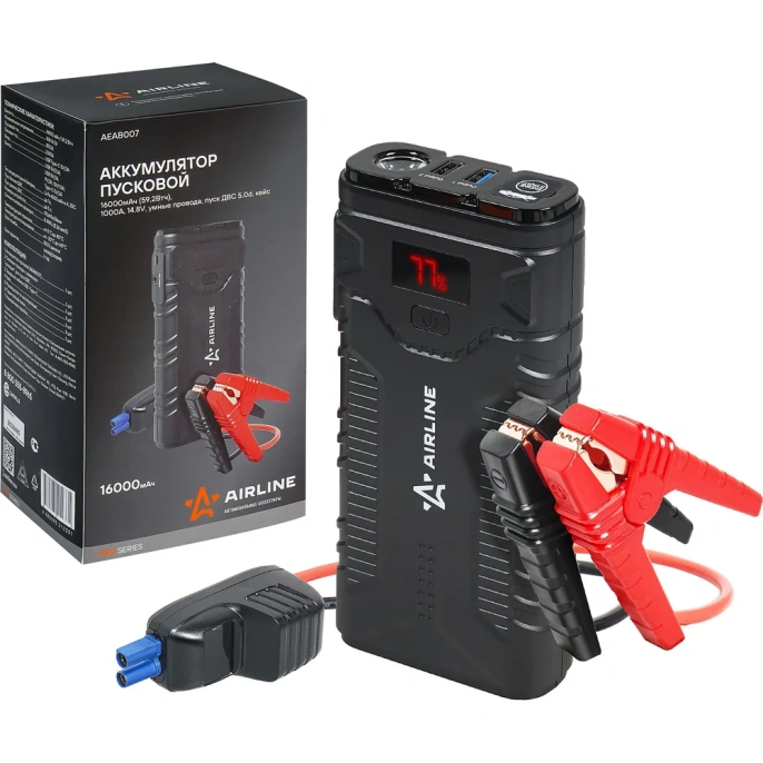 Пусковой аккумулятор Airline 16000 мАч, 59.2 Втч, 1000 А, 14.8 В, умные провода, пуск ДВС 5.0d, кейс AEAB007