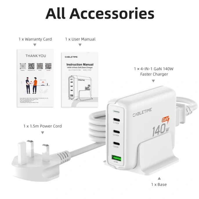 Сетевое зарядное устройство CABLETIME G14WE (CT-GAN140-PWE) GaN II PD3.1 3C1A 140 Вт, ЕС/США, белый
