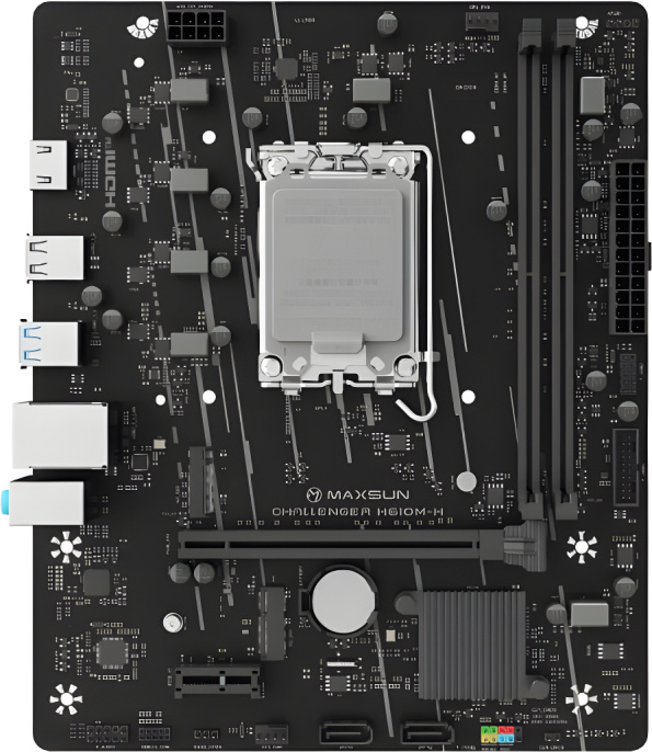Материнская плата Maxsun MS-Challenger H610M-H V1 mATX, 22.5x17.9 см, Intel H610, 2xDDR4 DIMM, 3200МГц, до 64GB, 2xSATA3.0 6Gb/s , 1xM.2, 1xPCIe4.0x16, 1xPCIe x1, 1хHDMI