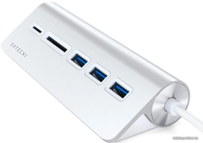 USB-концентратор Satechi Type-C USB Hub & Micro/SD Card Reader. Интерфейс USB-C. 3 порта USB 3.0 , слоты для карты памяти. Цвет серебряный. (ST-TCHCRS)