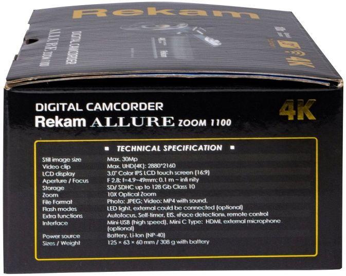 Видеокамера Rekam Allure zoom 1100, черный, Flash, ИК-пульт дистанционного управления, Защитная крышка объектива, Кабель USB, Аккумулятор, Мягкий чехол, Ремешок [2503000001]