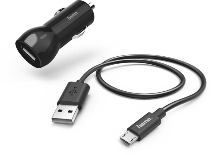 Автомобильное зарядное устройство HAMA H-183246, USB, microUSB, 2.4A, черный [00183246]