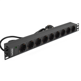 Блок розеток с кабелем с евровилкой ExeGate ServerPro PDU-19H904 Al-9S-EU2.5CU (19", 1U, Алюминий, 9*EU/Тип F(Schuko), Евровилка EU/Тип F(Schuko) VDE-250V-16A-3*1.5mm2, медь, 2.5 метра, индикатор питания, черный, RTL) EX280850RUS