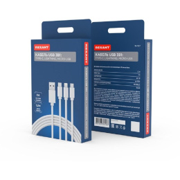 Rexant 18-1127 Кабель USB 3в1 Type-С 3A , Lightning 2,4A , micro USB 2A 1м, ПВХ