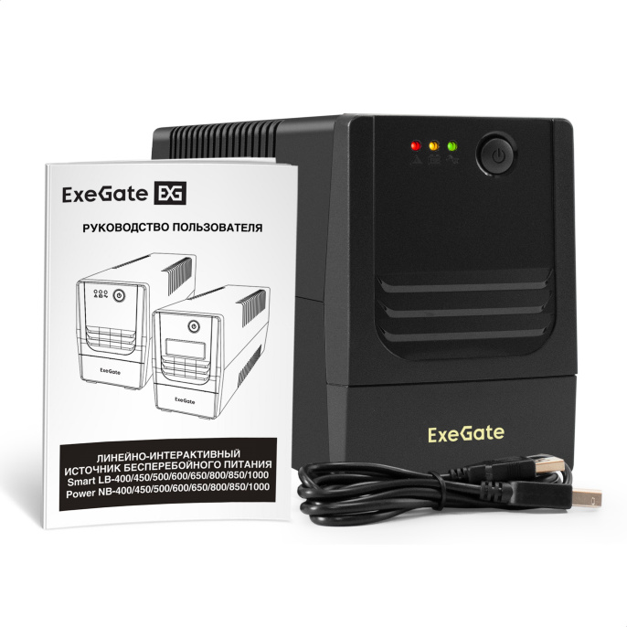ИБП ExeGate Power NB-500.LED.AVR.2SH.USB (500VA/300W, LED, AVR, 2*EU/Тип F(Schuko), USB, батарея 12V 4.5Ah, Black) EX299481RUS
