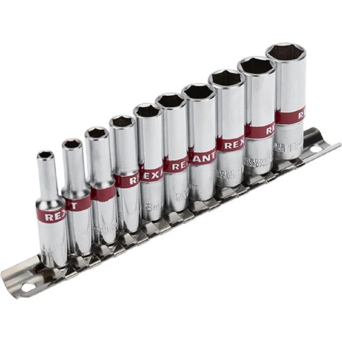 Rexant 12-8318 Набор удлиненных торцевых головок 1/4, шестигранные, CrV, 10 шт., 4-13мм
