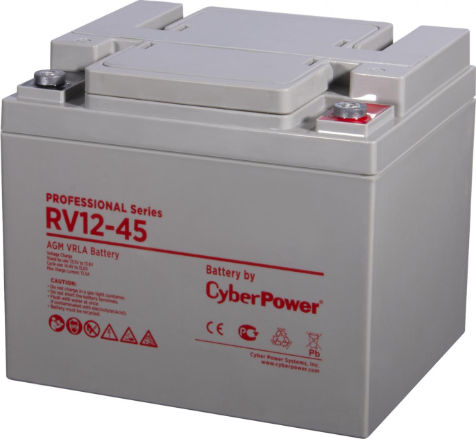 АКБ CyberPower AGM battery for UPS, RV 12-45 / 12 V 45 Ah, М6, 197х165х170mm., Height with terminals 170mm, 14,5kg., 10-year service life