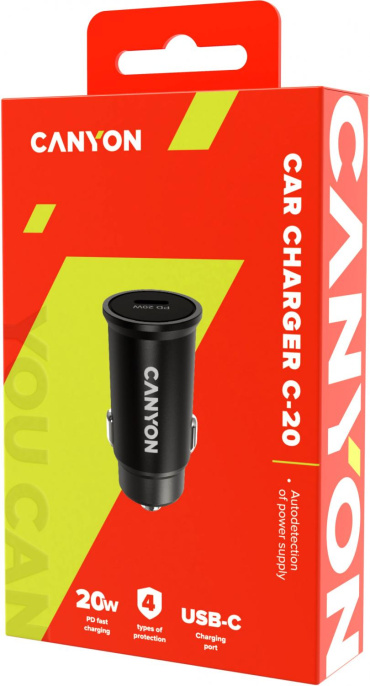 Автомобильное зарядное устройство Canyon CNS-CCA20B, USB-C, 20Вт, 3A, черный