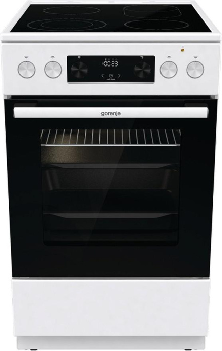 Плита Gorenje GECS5C60WPA, полезный объем 70 л, эргономичные переключатели, сенсорный программатор IconLED, эмаль SilverMatte, очистка паром, индикатор остаточного тепла для каждой конфорки, телескопические направляющие на 2-х уровнях, дверца CompactDo